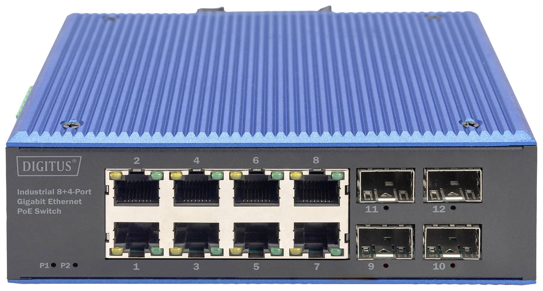 Ein blauer, industrieller 8+4-Port Gigabit Ethernet PoE Switch mit mehreren Ethernet- und Glasfaseranschlüssen der Marke 'Digitus'.