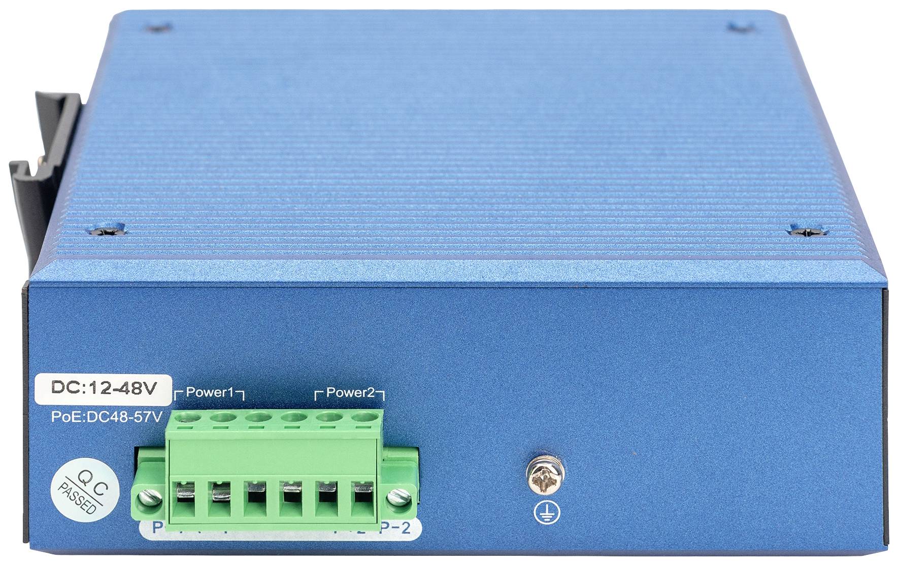 Blaues elektronisches Gerät mit grüner Anschlussleiste und Etikett 'DC:12-48V'. Gerät für PoE- und Stromversorgungsanwendungen.