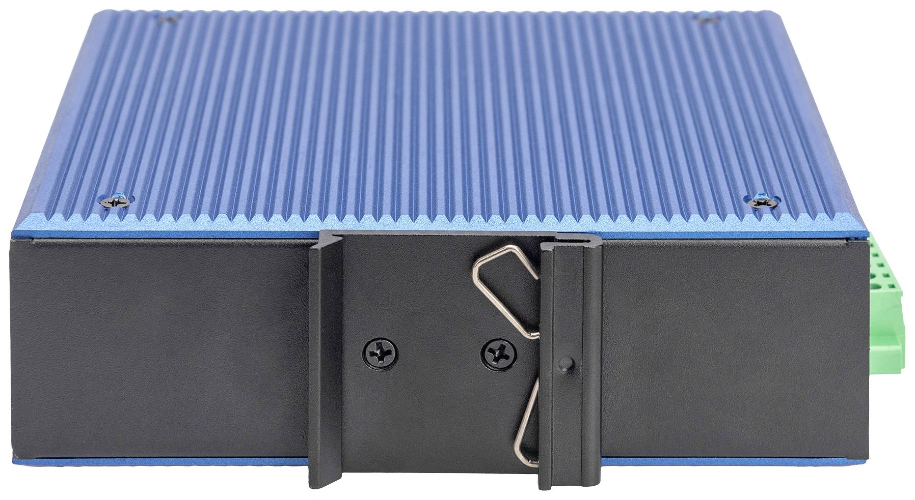 Ein quadratisches, blaues elektronisches Gerät mit schwarzen Klemmen auf einer Seite, möglicherweise ein Server oder Router.
