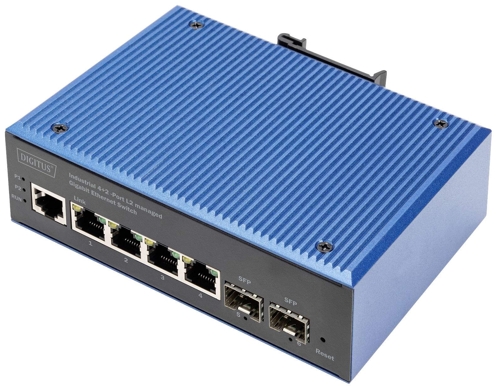 Ein blauer Ethernet-Switch mit sechs RJ45-Anschlüssen, zwei SFP-Steckplätzen und einer Reset-Taste auf der Vorderseite.