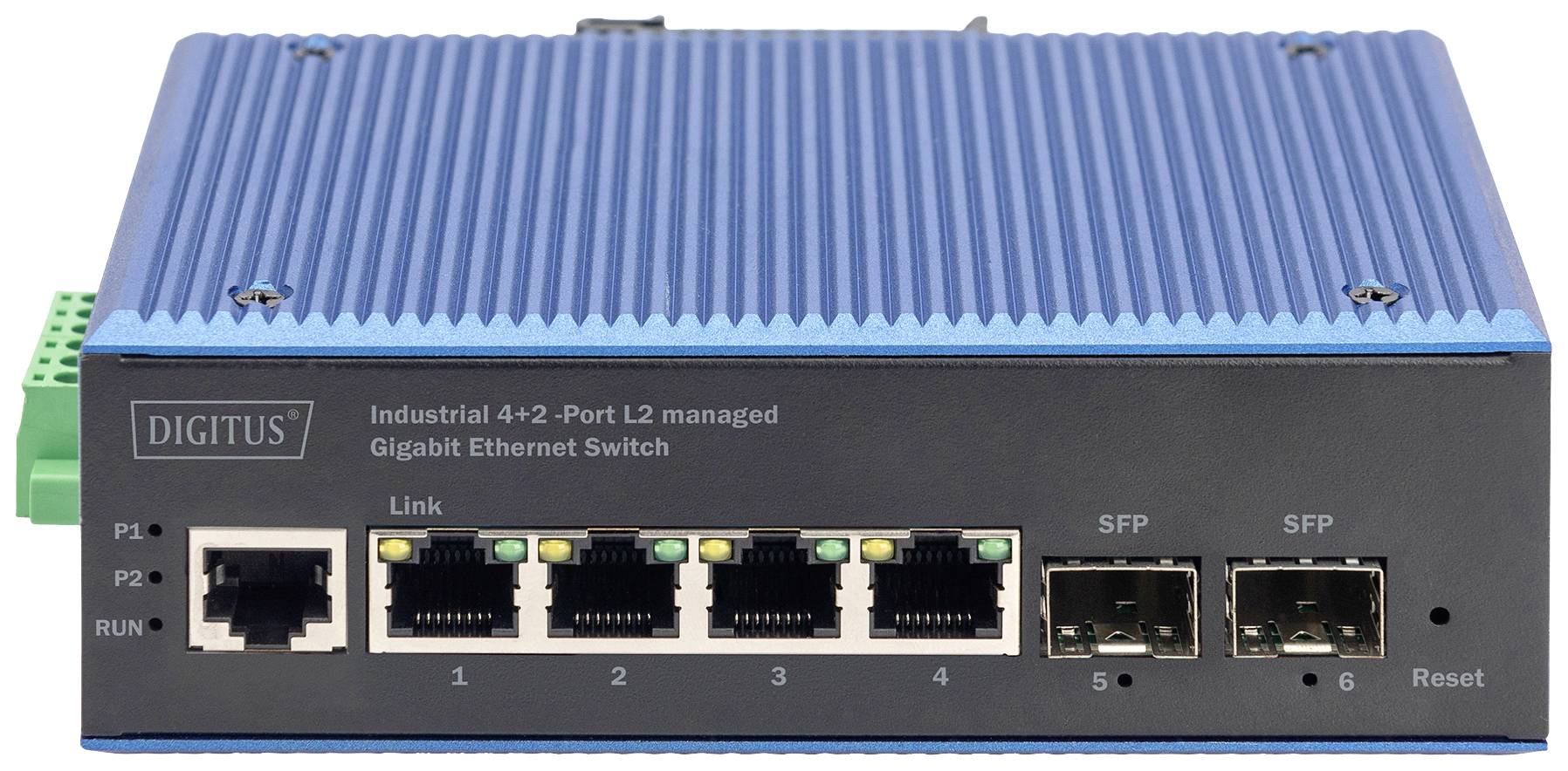 Ein Gigabit-Ethernet-Switch mit sechs Anschlüssen, zwei SFP-Ports und einem Reset-Button für industrielle Anwendungen.