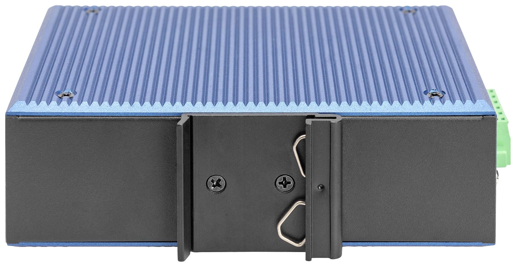 Ein rechteckiges elektronisches Gerät mit einem blauen, gerippten Gehäuse und einer schwarzen Vorderseite. Eignet sich zur Steuerung oder Verarbeitung von Daten in technischen Anwendungen.