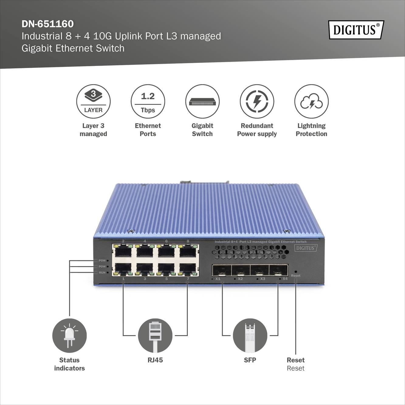'Digitus DN-651160' Gigabit-Ethernet-Switch, 8 RJ45-, 4 SFP-Ports. Merkmale: Layer 3, 1,2 Tbps Kapazität, Redundante Stromversorgung.