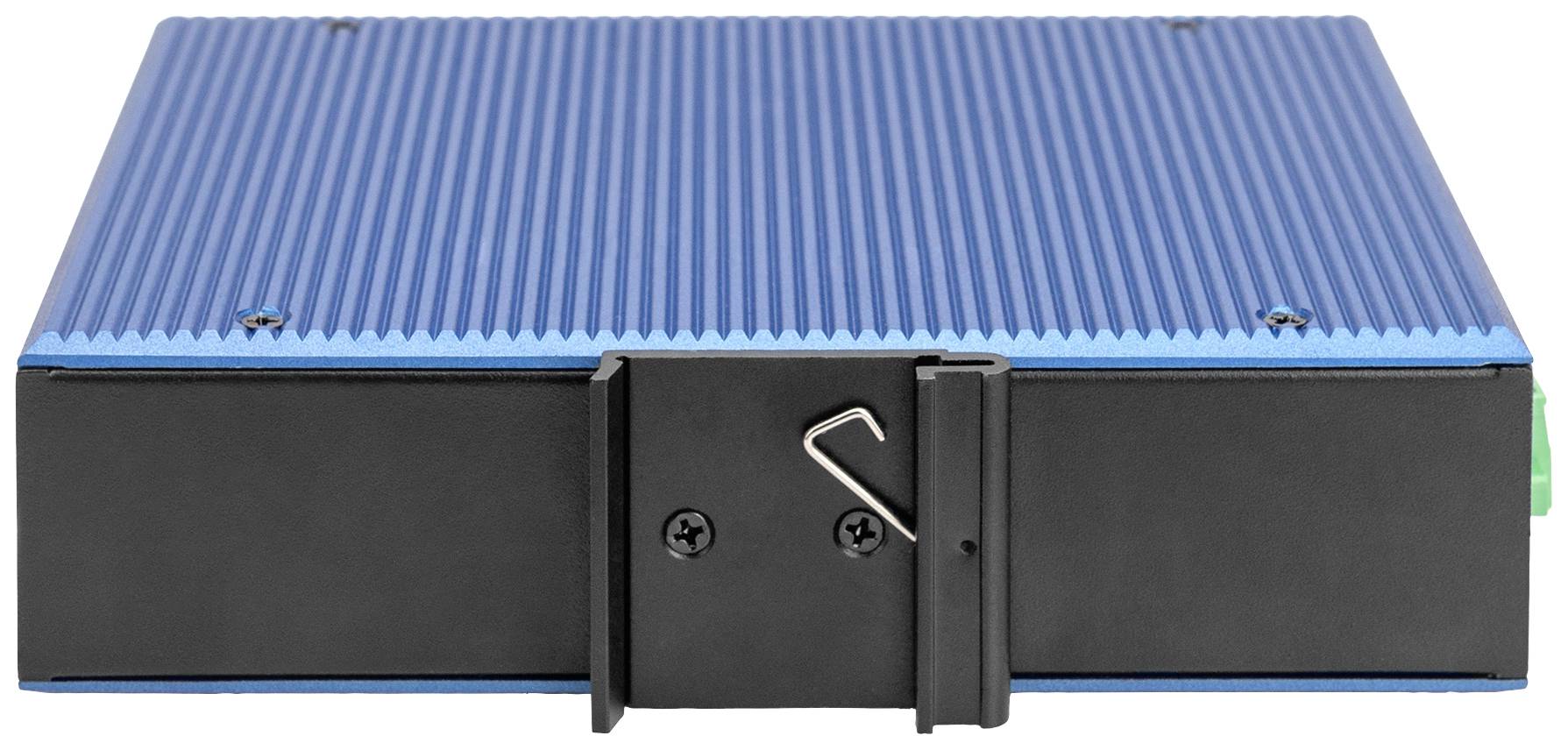 Ein geschlossenes, rechteckiges Gerät mit blauer Metalloberfläche und schwarzer Vorderseite, das Teil eines technischen Systems sein könnte.