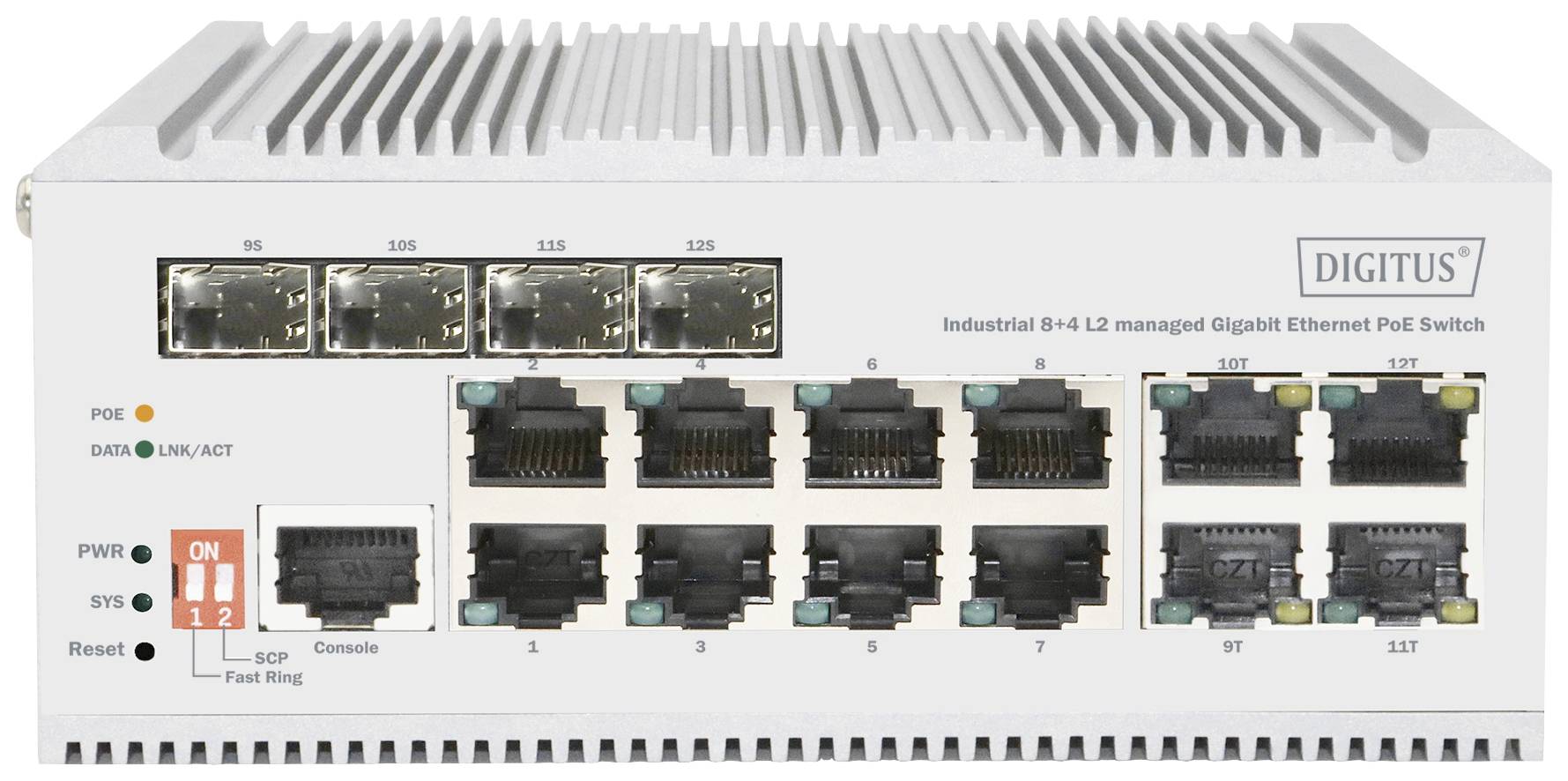 Industrieller 8+4 L2 verwalteter Gigabit-Ethernet-PoE-Switch mit mehreren Ethernet-Ports und LED-Anzeigen zur Netzwerkeinrichtung.