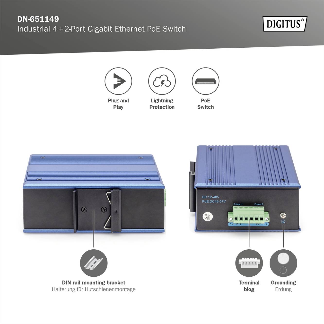 'Digitus Industrial 4 + 2-Port Gigabit Ethernet PoE Switch' mit DIN-Schienenhalterung, Plug-and-Play, Blitzschutz, und Erdungsterminal.
