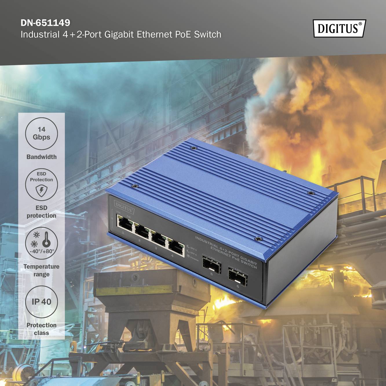 Ein blauer, industrieller 4+2-Port Gigabit Ethernet PoE-Schalter auf einem Fabrikhintergrund. Beschriftet mit Merkmalen wie 14 Gbps Bandbreite, ESD-Schutz, Temperaturbereich -40° bis 80°, Schutzklasse IP 40.