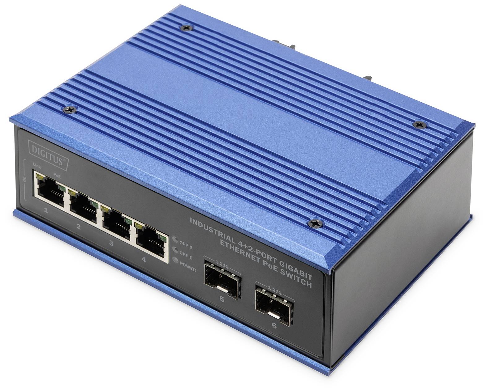 Blauer industrieller 6-Port Gigabit Ethernet PoE-Switch mit vier RJ-45-Ports und zwei zusätzlichen Anschlüssen an der Vorderseite.