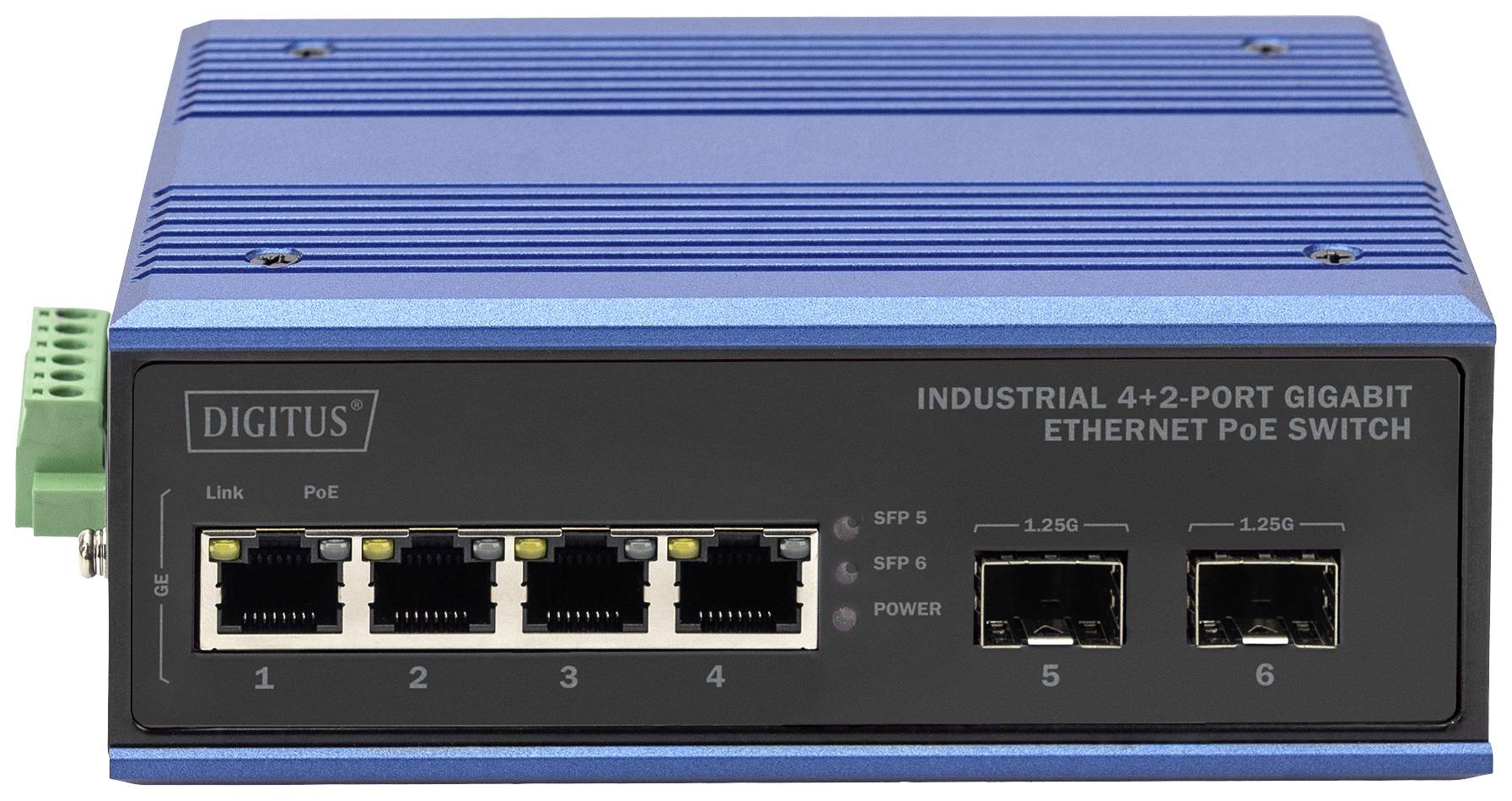 Ein blauer Industrial 4+2-Port Gigabit Ethernet PoE Switch mit sechs Netzwerkanschlüssen. Zwei SFP-Ports liegen rechts.