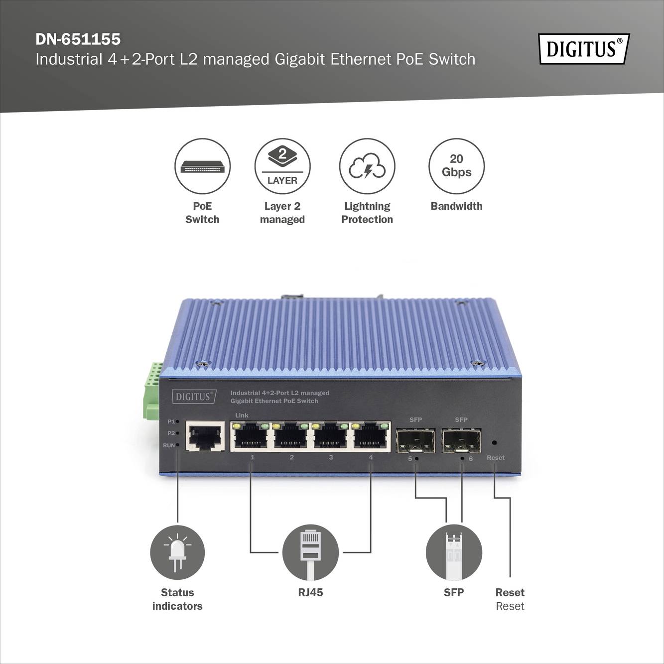 Digitus DN-651155 DN-651155 Industrial Ethernet Switch 4x2 Port 1 GBit/s