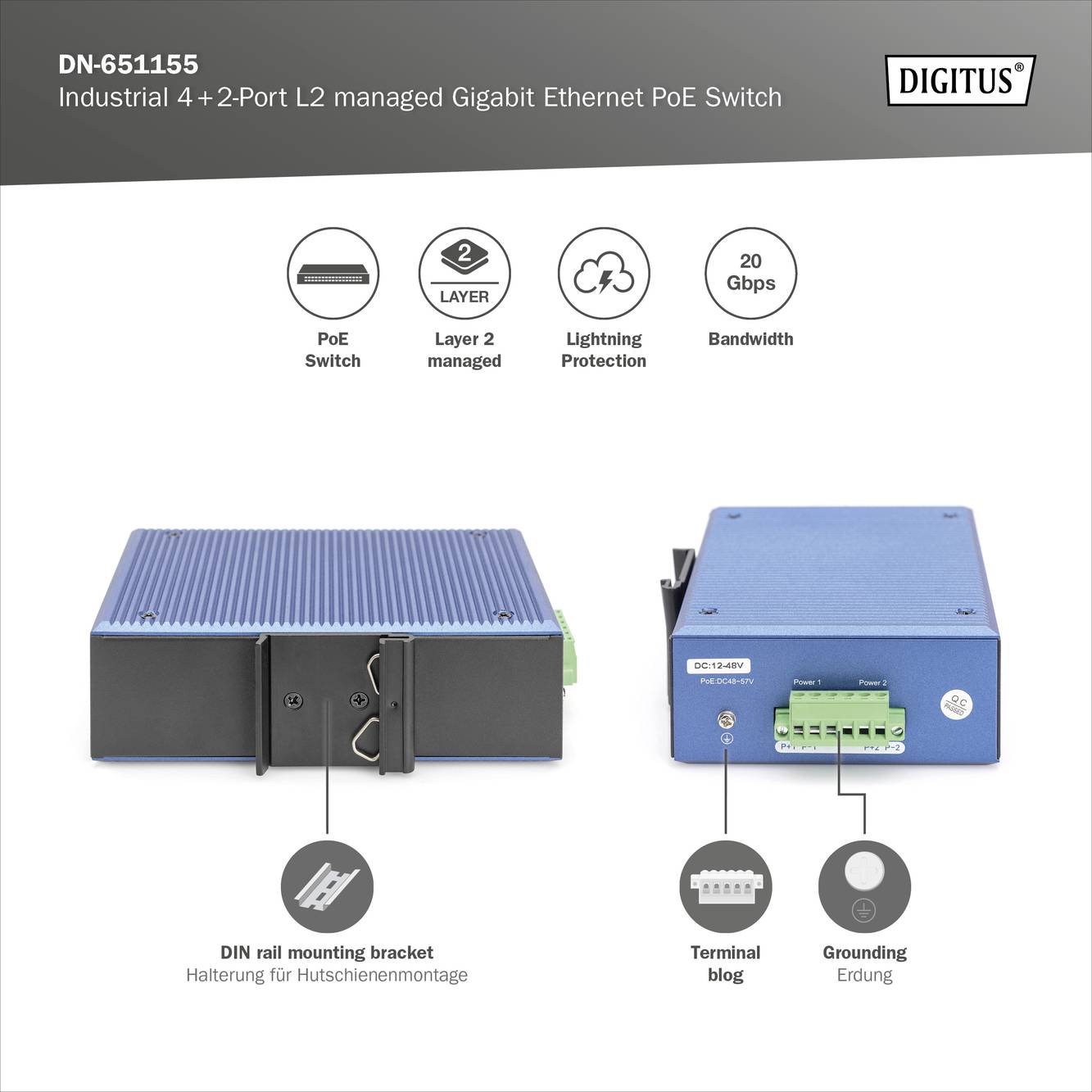 Digitus DN-651155 DN-651155 Industrial Ethernet Switch 4x2 Port 1 GBit/s