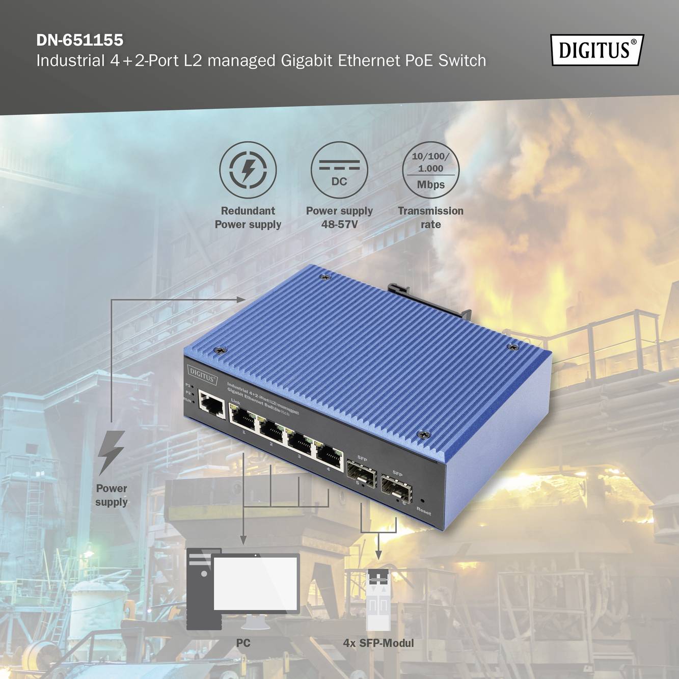 Digitus DN-651155 DN-651155 Industrial Ethernet Switch 4x2 Port 1 GBit/s