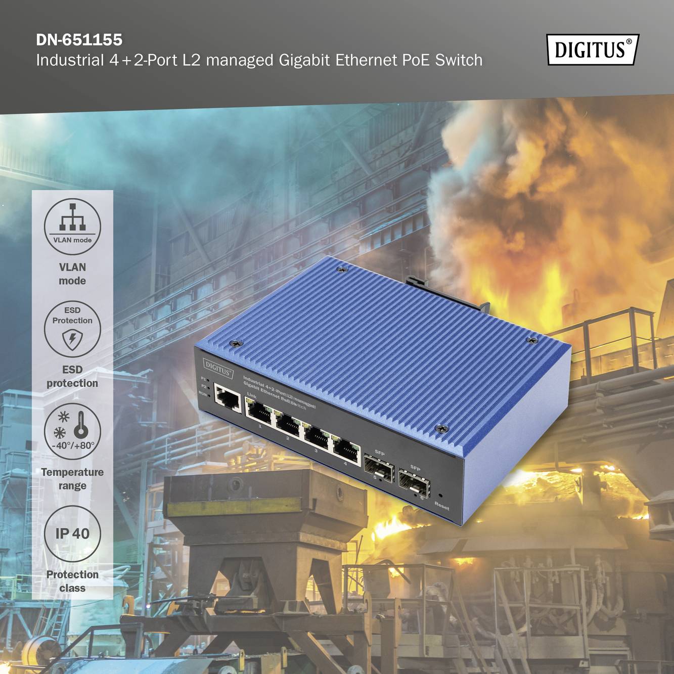 Digitus DN-651155 DN-651155 Industrial Ethernet Switch 4x2 Port 1 GBit/s