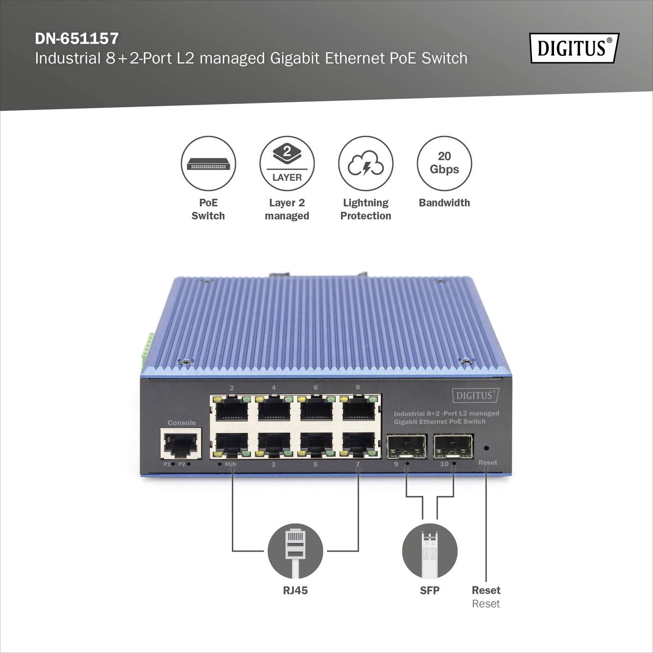 Ein 'Industrial 8+2-Port L2 managed Gigabit Ethernet PoE Switch' von Digitus, Modell DN-651157, mit PoE, RJ45, und SFP-Anschlüssen.