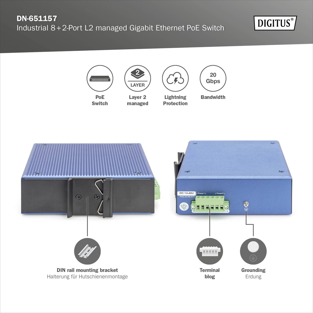 Industrieller Gigabit Ethernet PoE Switch, 8+2 Ports, DIN- und Hutschienenmontage, 20 Gbps Bandbreite, Verwaltung auf Layer 2.
