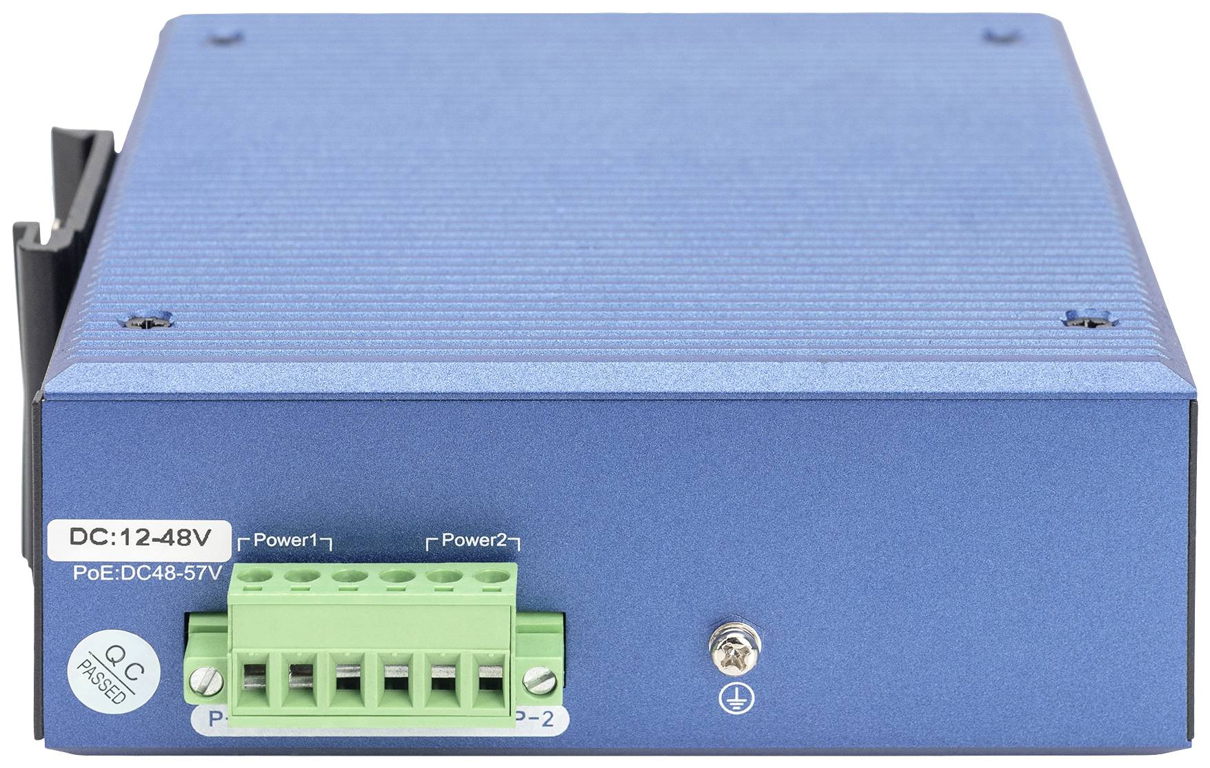 Ein blaues, rechteckiges technisches Gerät mit Anschlüssen und grünen Ausgangssteckern. Gekennzeichnet mit 'DC:12-48V' und 'PoE:DC 48-57V'.