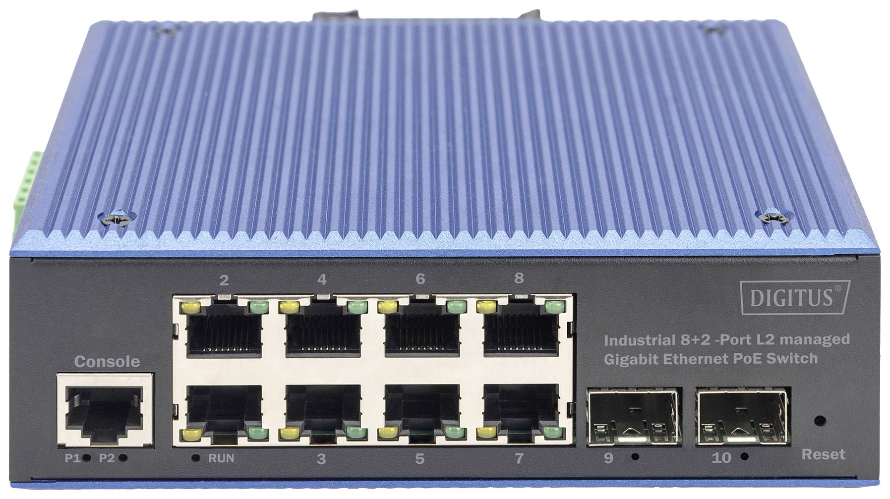 Industrieller 8+2-Port L2-verwalteter Gigabit Ethernet PoE Switch mit blauen Kühlrippen, zahlreichen Anschlüssen und Konsolenanschluss.