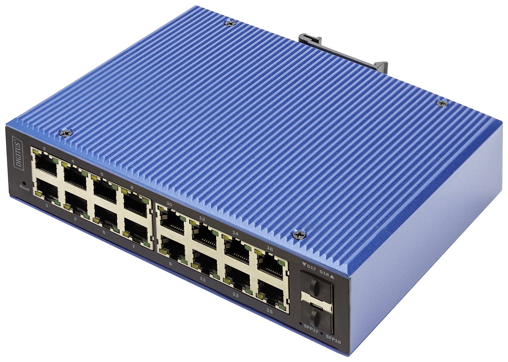 Ein blauer Netzwerk-Switch mit 16 Ethernet-Ports. Er ist robust gestaltet und für den Einsatz in industriellen Umgebungen geeignet.