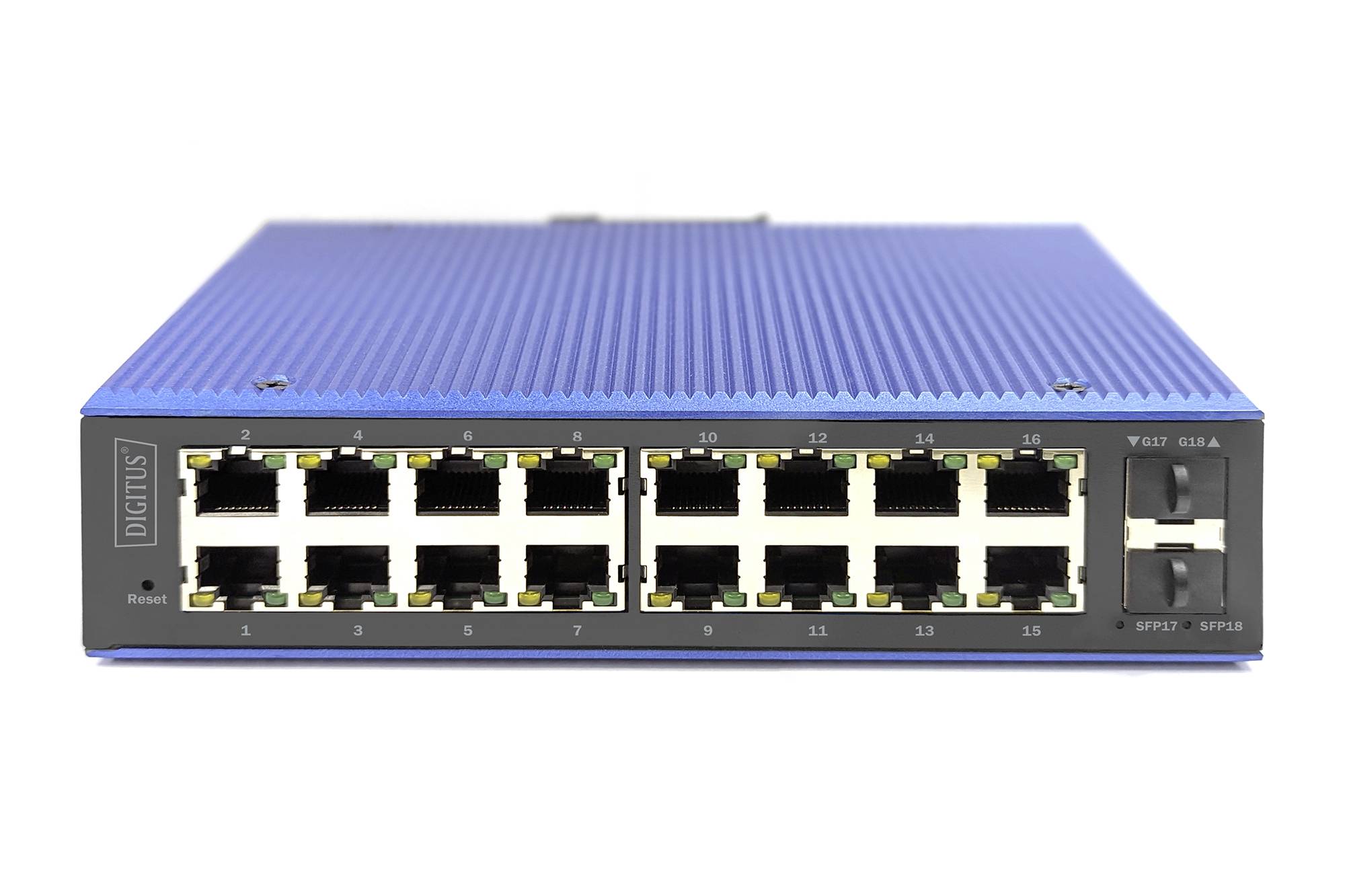 Ein Netzwerk-Switch mit 16 Ethernet-Ports, dargestellt in Nahaufnahme. Unterstützt den Anschluss mehrerer Geräte für Datenübertragung.