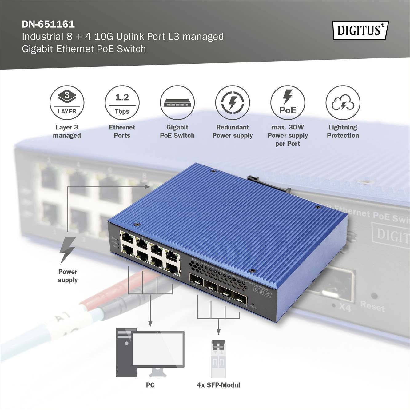Gigabit Ethernet PoE Switch DN-651161: 8 + 4 10G Uplink Ports, Layer 3 Management, PoE, redundante Stromquelle, Blitzschutz.
