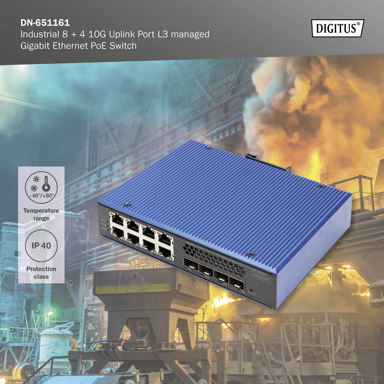 Ein blauer Ethernet-Switch mit Anschlüssen auf einem Industriegelände. Text oben beschreibt 'DN-651161' mit Spezifikationen.