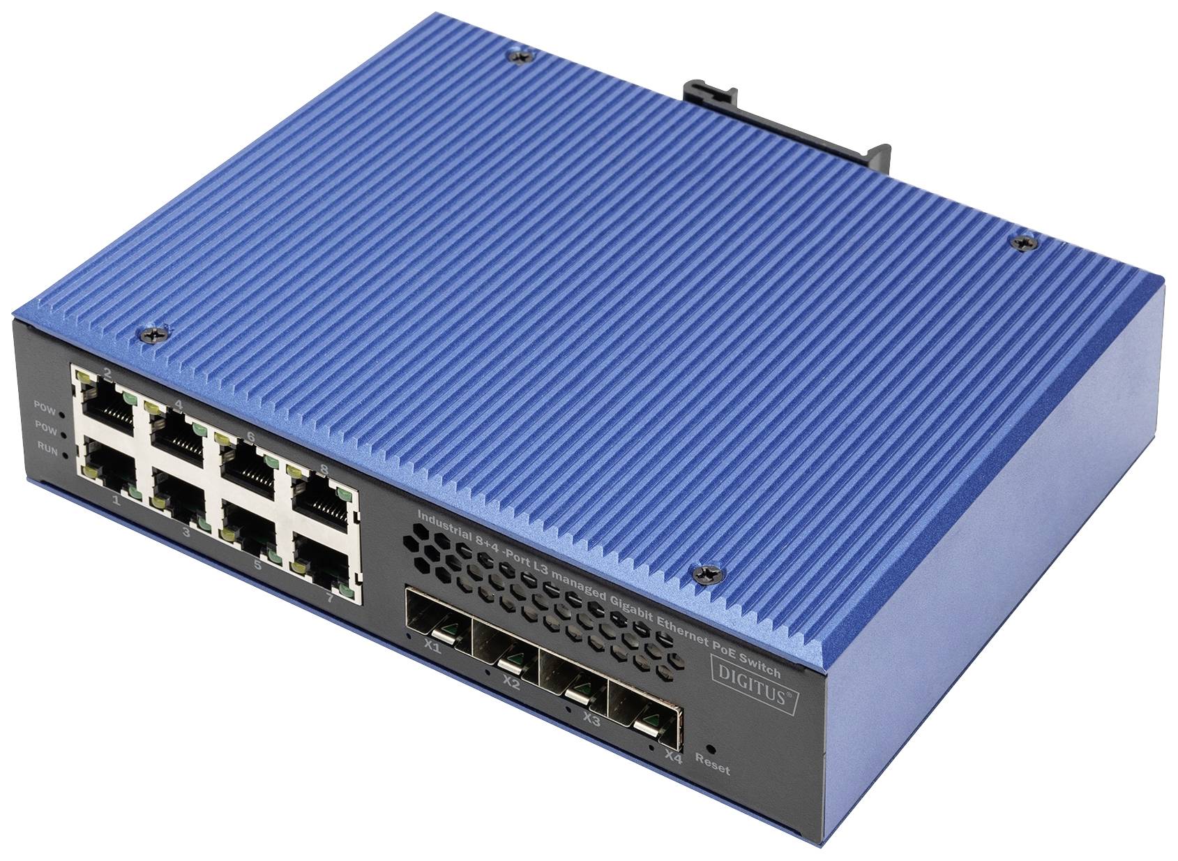 Ein blauer Netzwerk-Switch mit acht Ethernet-Ports und vier Glasfaser-Ports. Er ist für die Datenübertragung in Netzwerken vorgesehen.