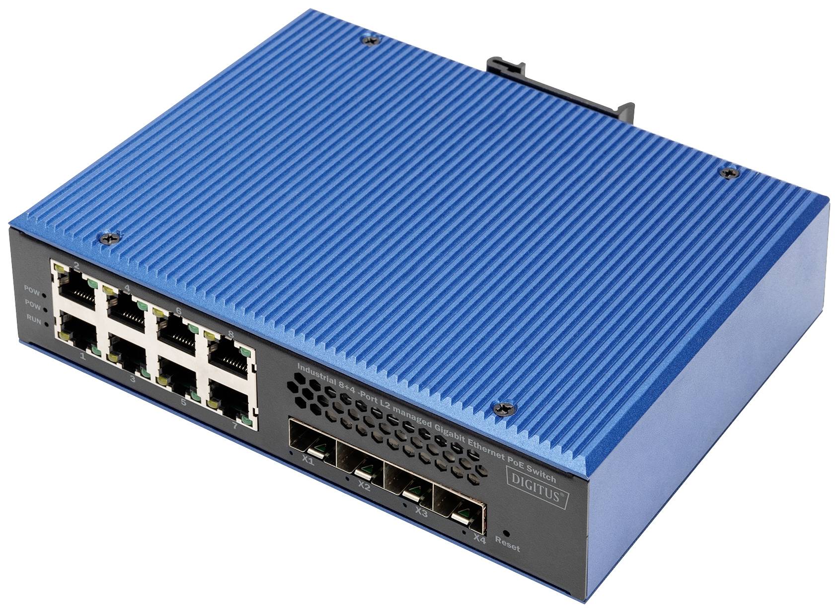 Blauer Netzwerk-Switch mit zwölf Ethernet-Ports und vier Glasfaser-Ports auf einer weißen Oberfläche.
