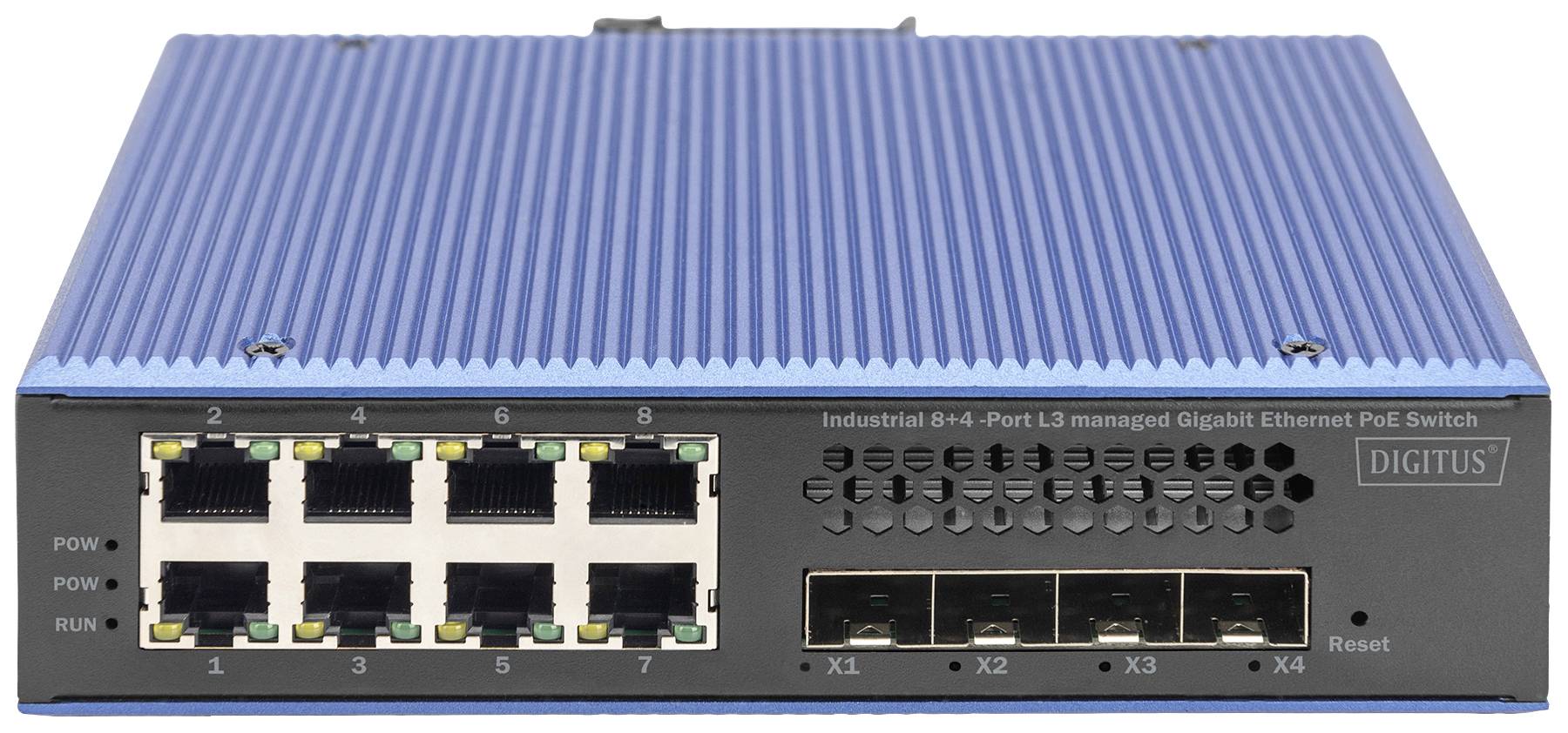 Industrieller 8+4-Port L3-verwalteter Gigabit Ethernet PoE Switch mit blauer Oberfläche und Anschlussmöglichkeiten für Netzwerke.