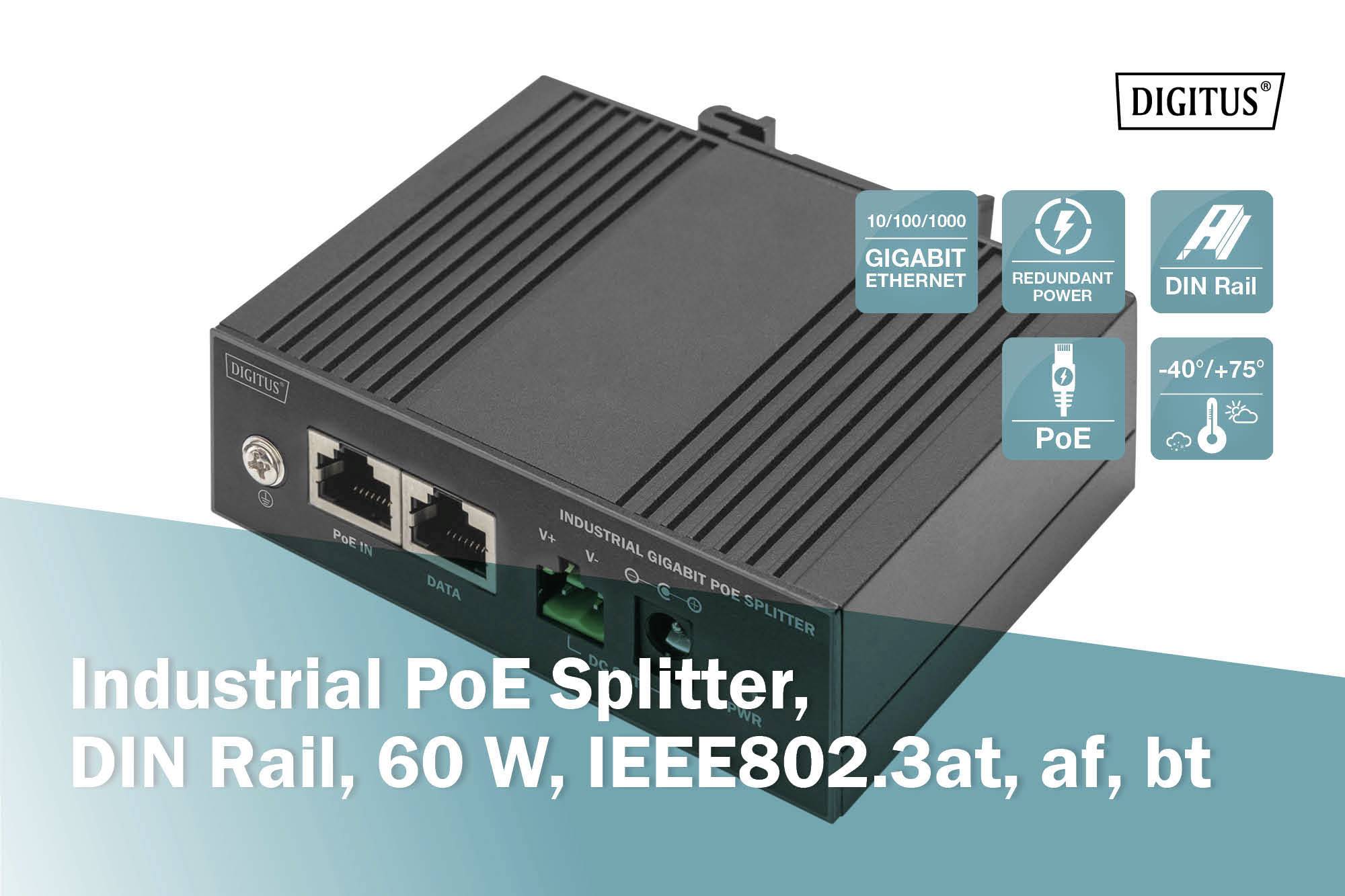 Industrieller PoE-Splitter mit DIN-Schienen-Befestigung. Unterstützt Gigabit Ethernet und redundant Strom. Temperaturbereich: -40° bis +75°C.