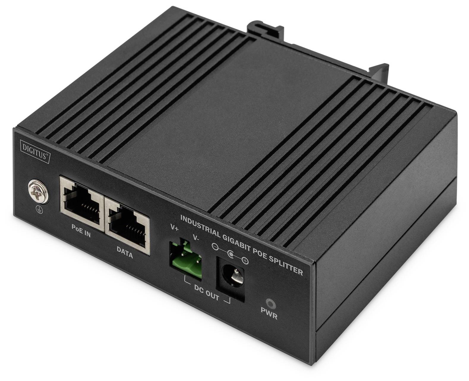 Schwarzer industrieller PoE-Splitter mit zwei Ethernet-Ports, einem grünen DC-Ausgang und einem Stromanschluss auf weißem Hintergrund.