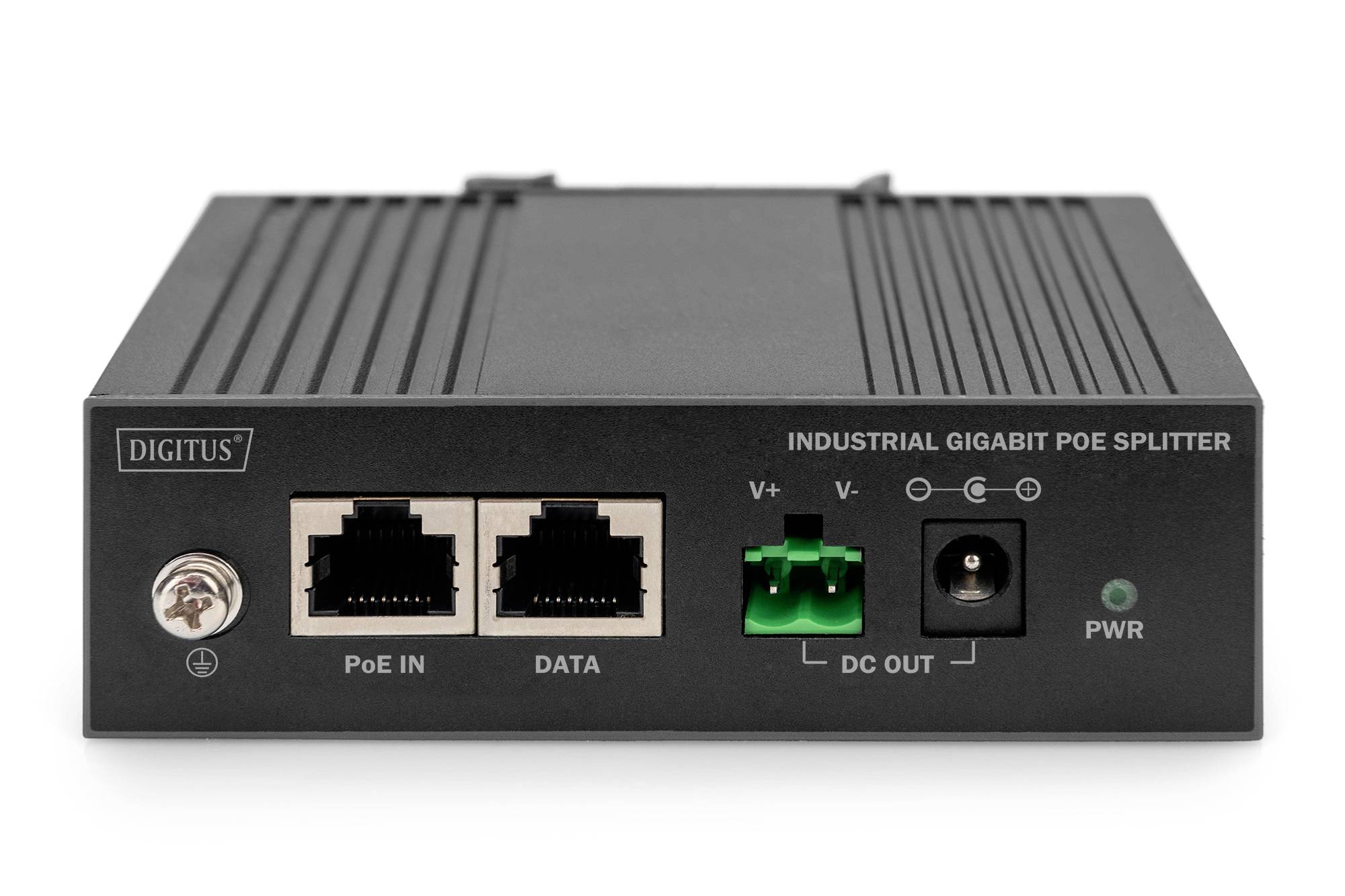 Ein schwarzer industrieller Gigabit PoE-Splitter mit zwei Ethernet-Ports, einem grünen DC-Ausgang und einem Netzanschluss.