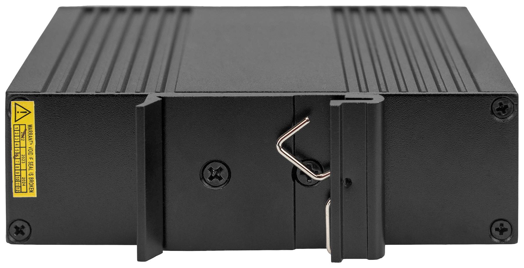 Ein schwarzes, rechteckiges technisches Gerät mit Metallgehäuse und Warnetikett. Vorderseite hat eine abnehmbare Platte mit Verriegelung.