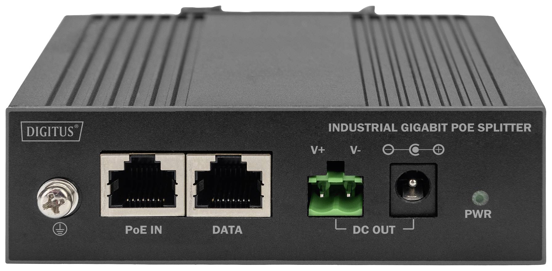 'Industrieller Gigabit PoE-Splitter' mit Anschlüssen für 'PoE IN', 'DATA', und 'DC OUT'. Schwarzes Gehäuse mit LED-Anzeige.