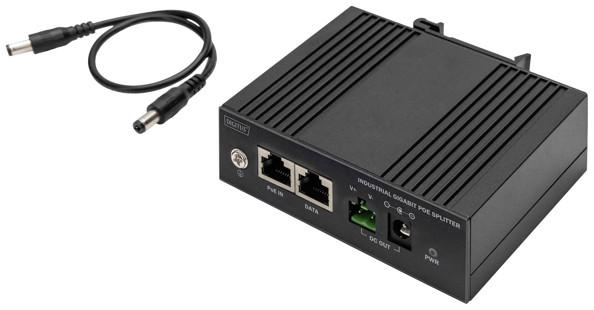 Industrieller Gigabit PoE-Splitter mit zwei Ethernet-Anschlüssen, grünem Erdungsanschluss und Power-LED-Anzeige. Enthält Stromkabel.