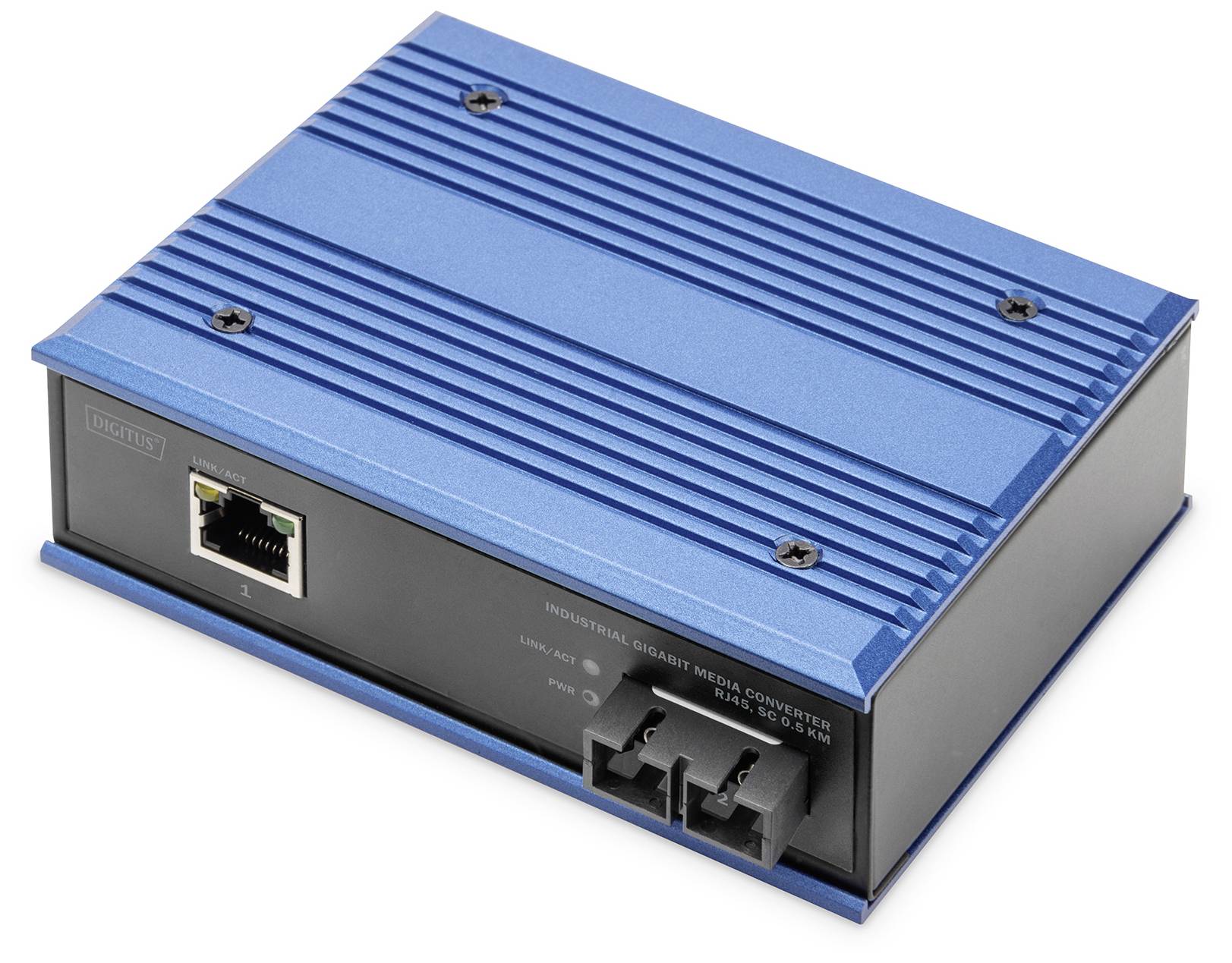 Ein blauer, rechteckiger, industrieller Gigabit-Medienkonverter mit Ethernet- und Glasfaseranschlüssen auf einer weißen Oberfläche.