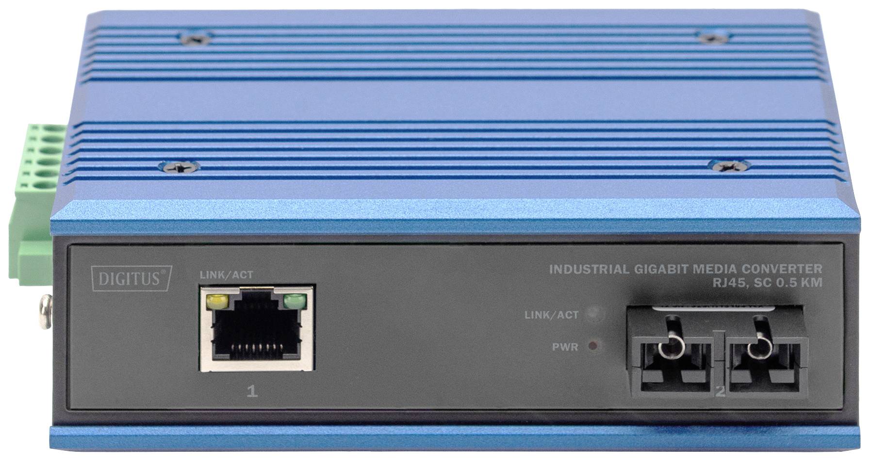 Blauer industrieller Gigabit-Medienkonverter mit RJ45- und SC-Ports. Frontplattenansicht mit Link- und Aktivitätsanzeige.