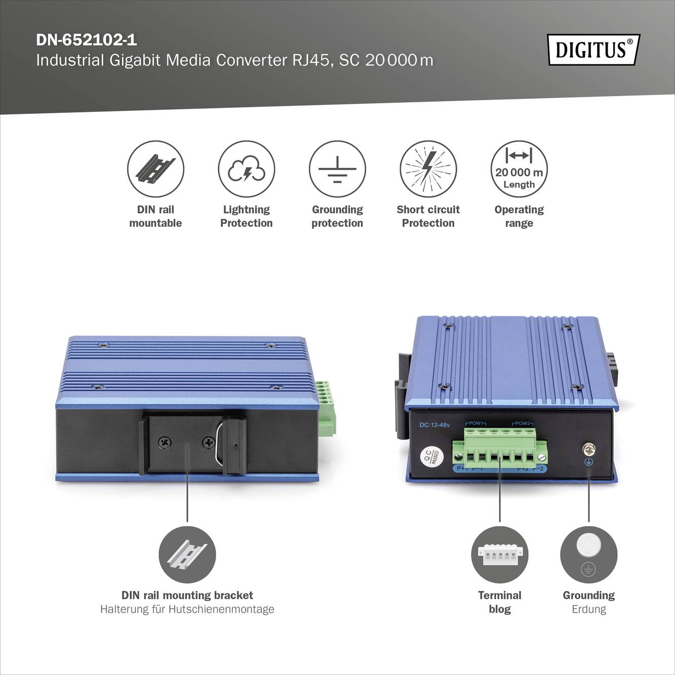 Industrieller Gigabit Media Converter von Digitus mit DIN-Schienenhalterung, Blitzschutz, Erdung, Kurzschlussschutz und 20 km Länge.