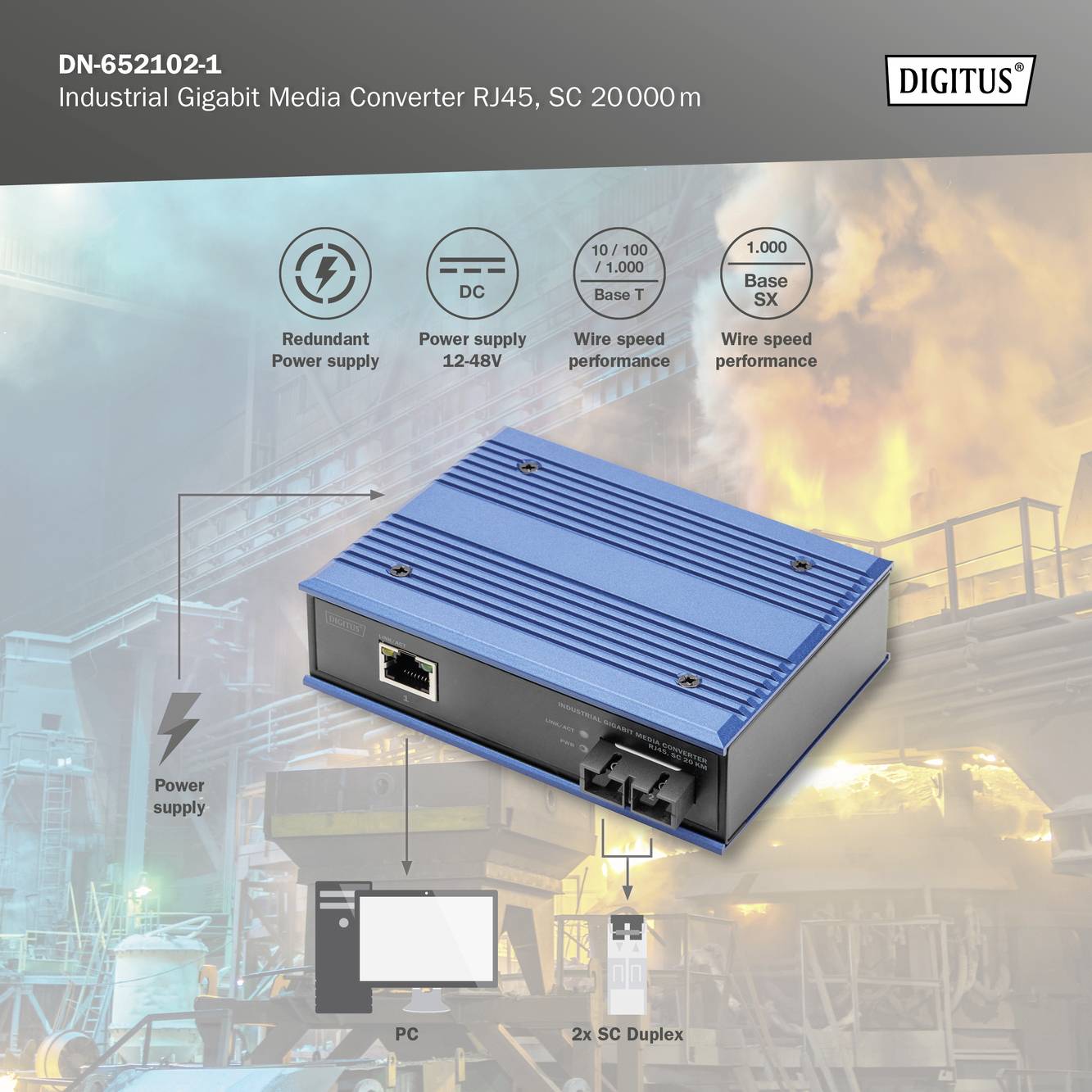 DN-652102-1 Industriekonverter, Gigabit, RJ45, SC, 20000m, zeigt Anschlussmöglichkeiten und Datenübertragung in einer Industrieumgebung.