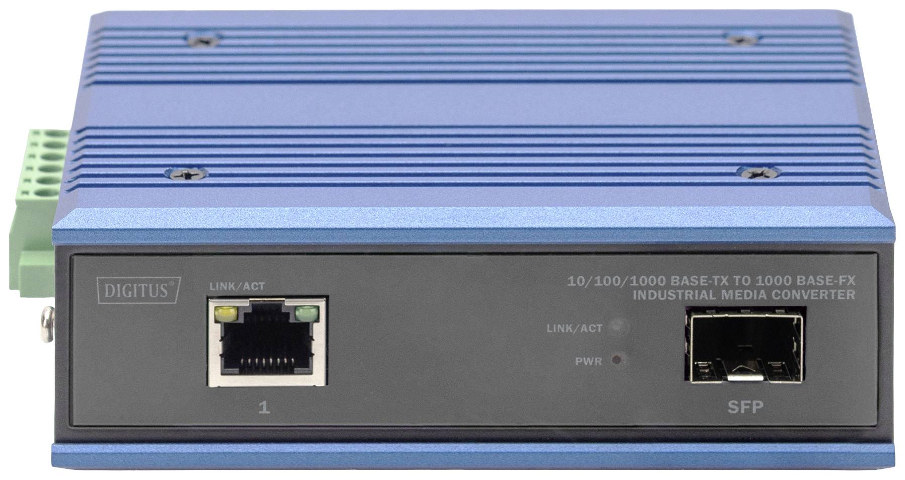 Ein blauer Industrial Media Converter mit mehreren Netzwerkanschlüssen, darunter ein Ethernet-Port und ein SFP-Port, vor neutralem Hintergrund.
