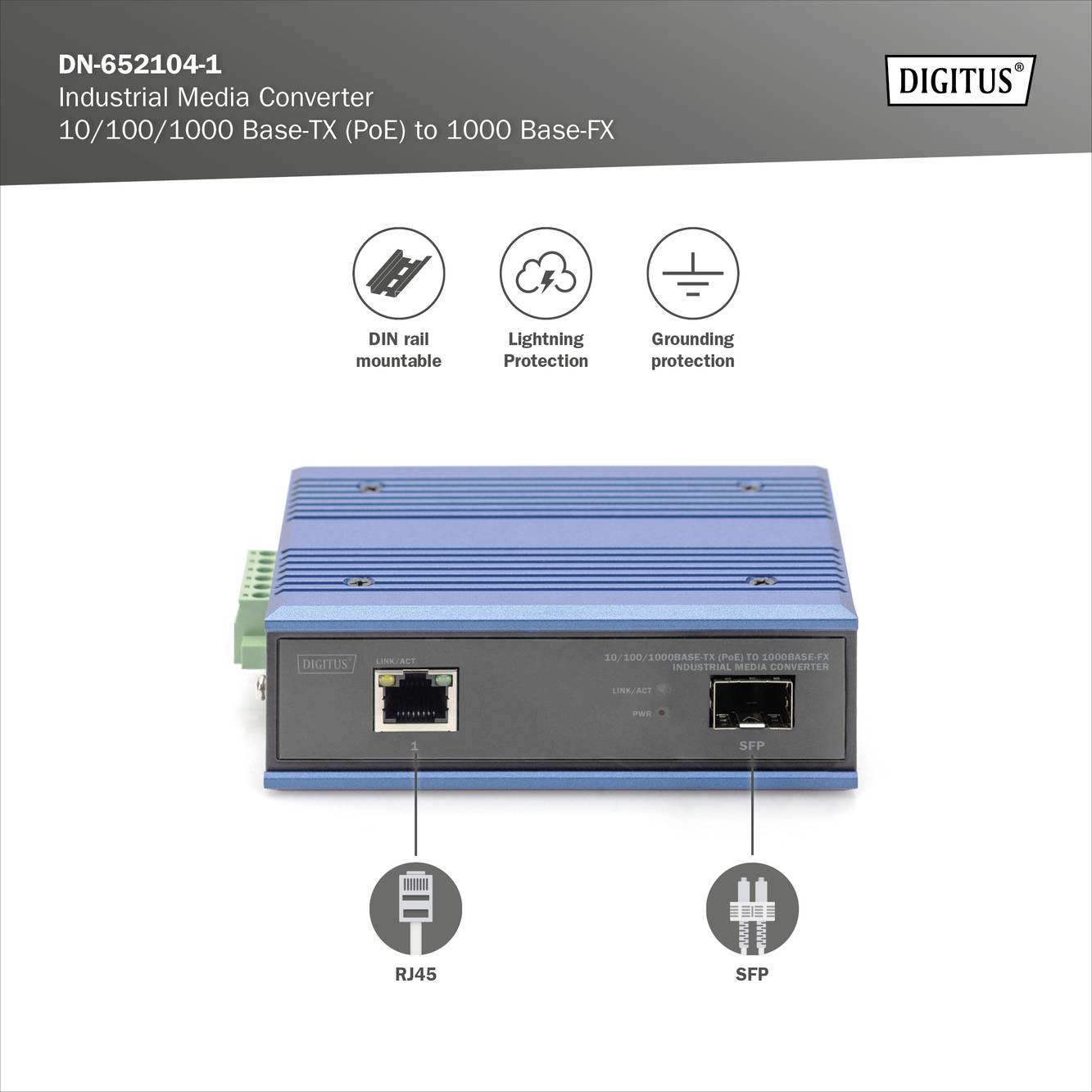 Industrieller Medienkonverter von DIGITUS, Modell DN-652104-1, mit RJ45- und SFP-Anschluss, geeignet für PoE-Verbindungen.