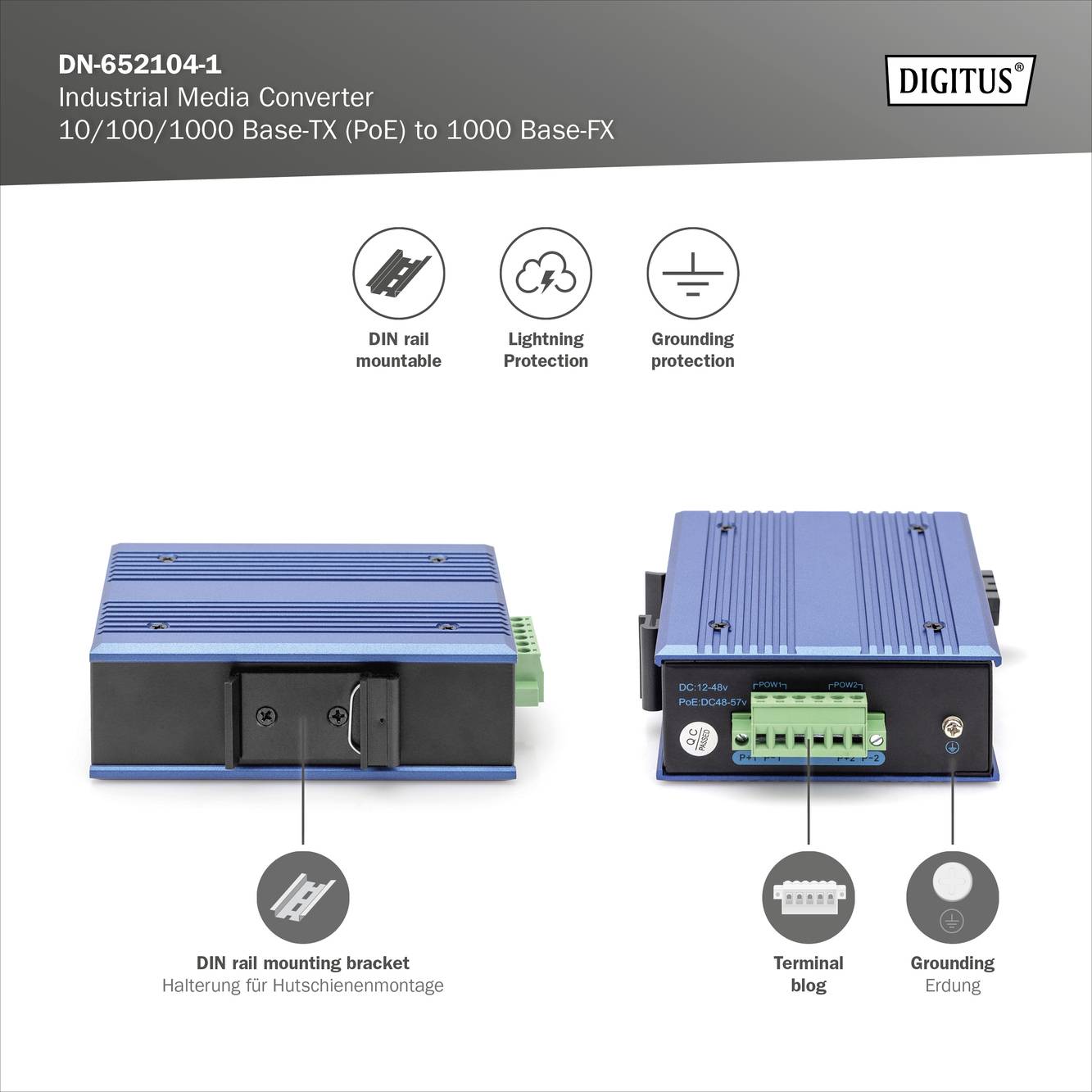 Industrieller Medienkonverter mit DIN-Schienenmontage. Unterstützt 10/100/1000 Base-TX (PoE) zu 1000 Base-FX. Enthält Erdungs- und Blitzschutzsymbole.