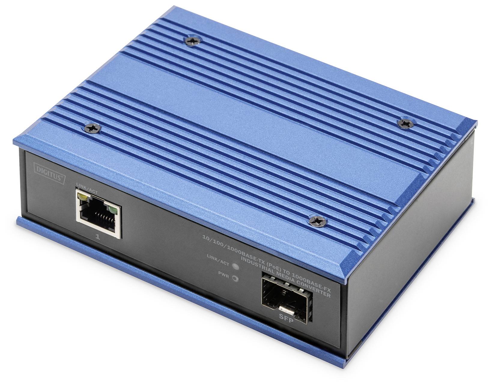 Blaues, rechteckiges Elektronikgerät mit Ethernet- und SFP-Anschluss. Verwendet zur Netzwerkverbindung in industriellen Anwendungen.