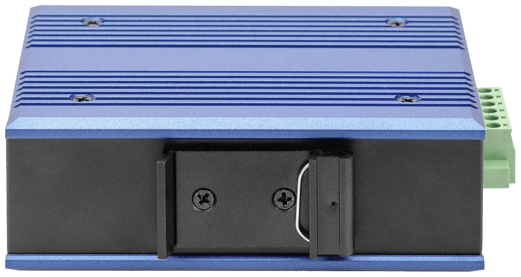 Ein blaues, rechteckiges elektronisches Gerät mit schwarzer Frontabdeckung und grüner Anschlussklemme an der Rückseite.