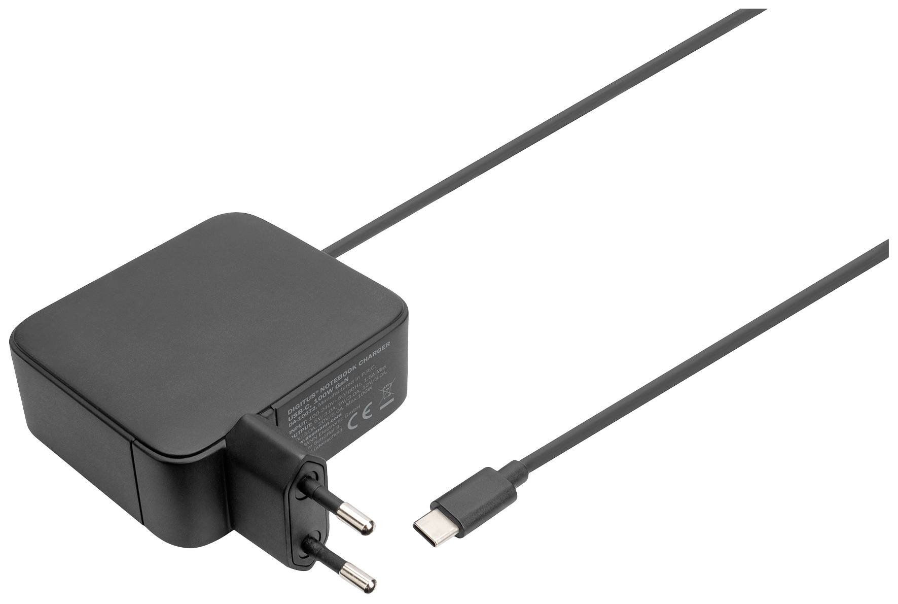 Schwarzes Laptop-Netzteil mit Eurostecker und USB-C-Anschluss, entworfen für Geräteaufladung und elektrischen Betrieb.