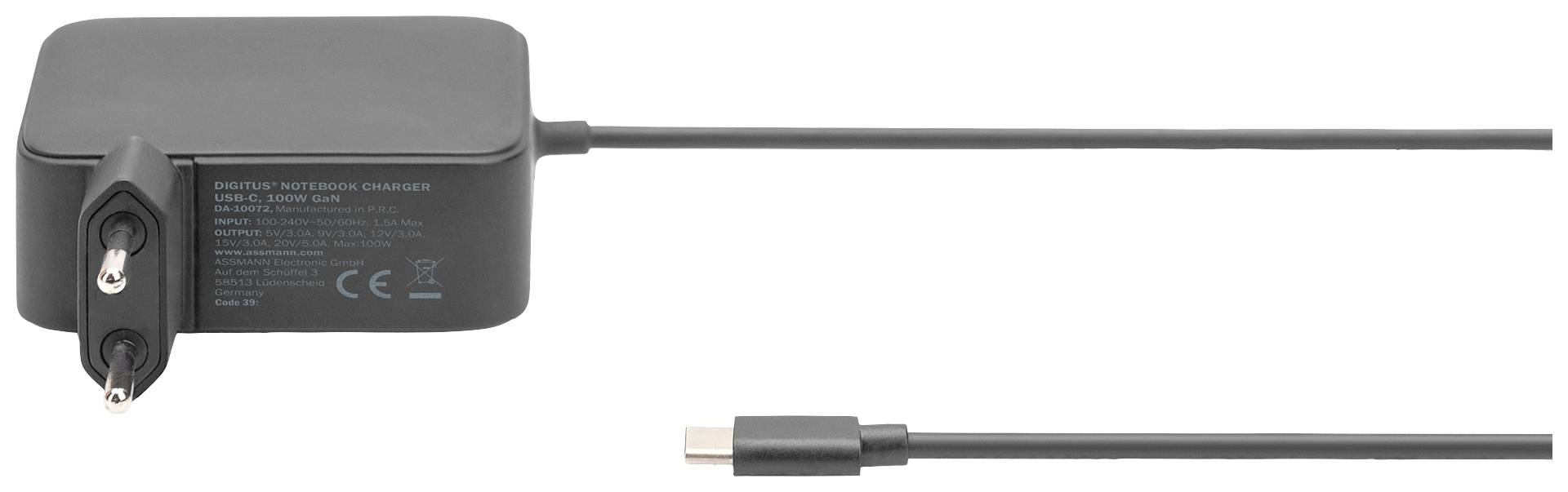 Schwarzes Laptop-Ladegerät mit Eurostecker und USB-C-Kabel.