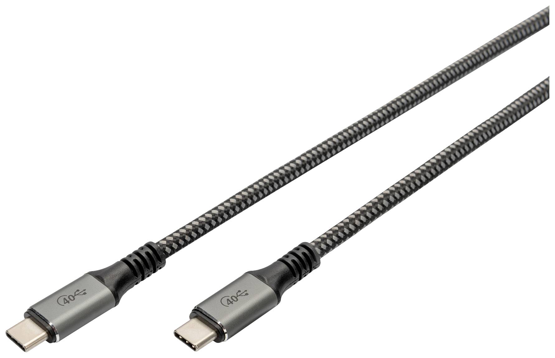 Zwei USB-C-Kabel mit metallischer Ummantelung, jeweils mit Steckern an beiden Enden. Sie sind grau und robust gestaltet.