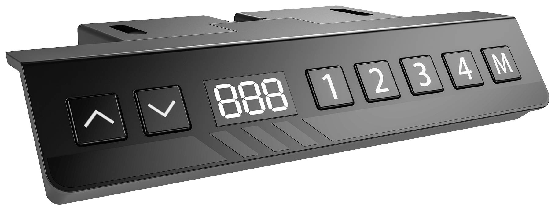 Elektronisches Bedienfeld mit Digitalanzeige '888', Aufwärts- und Abwärtspfeilen, Nummerntasten '1' bis '4' und 'M'-Taste.