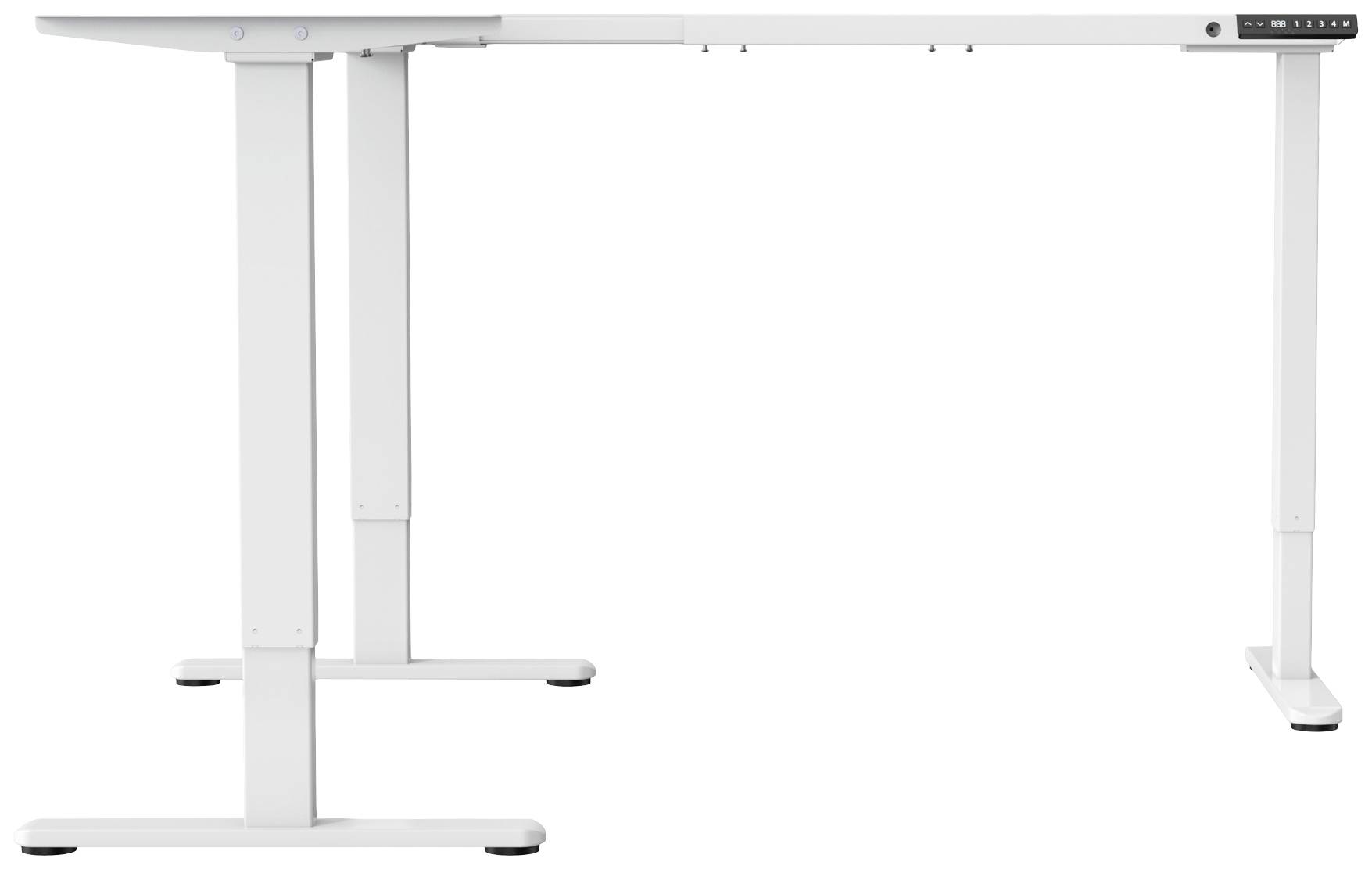 Elektrisch höhenverstellbarer Schreibtisch mit weißem Gestell und Steuerungstasten an der rechten Seite für ergonomisches Arbeiten.
