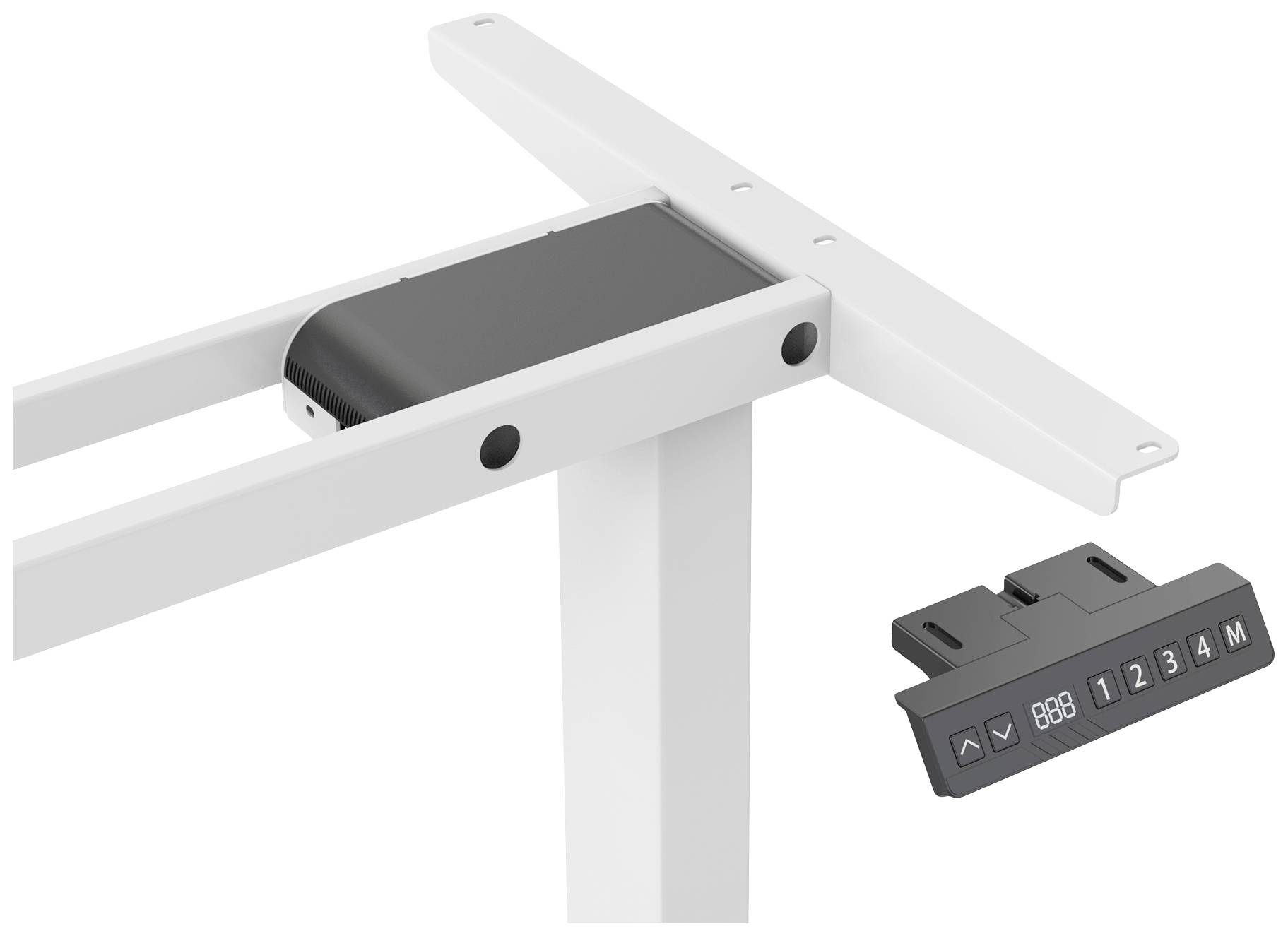 Ein höhenverstellbares Tischgestell mit elektronischem Bedienfeld, das Tasten für Höhenregulierung, Speichereinstellungen und digitalen Bildschirm zeigt.