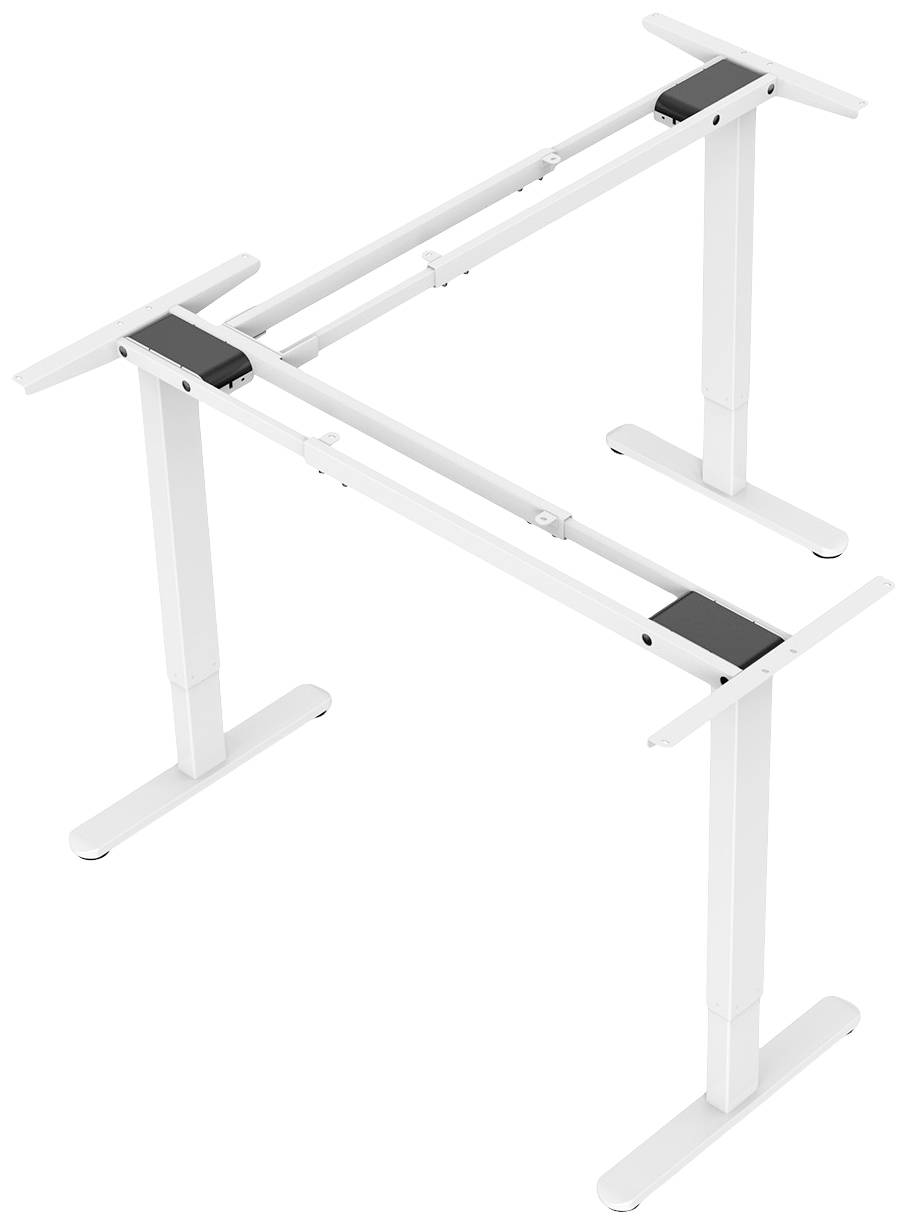 Weißes höhenverstellbares Tischgestell ohne Tischplatte, mit Teleskopmechanismus und zwei vertikalen Beinen für ergonomisches Arbeiten.